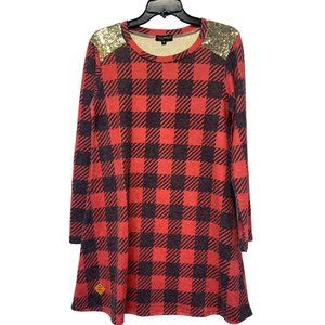 Simply Southern Coral Peach Charcoal Gray Plaid Sweater Dress Gold Sequin Should